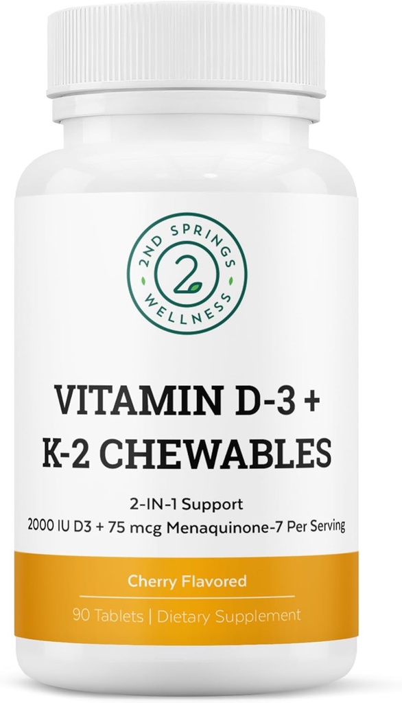 D3 + K2 tyggetabletter - 2000 IE D- vitamin og MK7 K2 (Menaquinone- 7) - Kirsebærtabletter - D-vitamin + K2 tilskud til voksne og børn