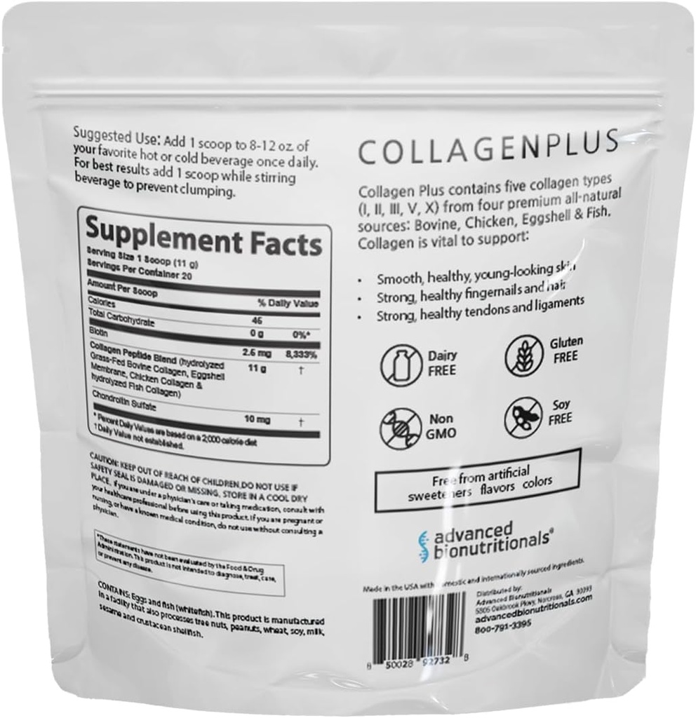 Avanceret Collagen Plus Powder - 5 typer af Collagen (I, II, III, V, X) med Biotin & Chondroitin Sulfate - Understøtter hud, hår, joints & negle - Unflavored, Easy- mix formel