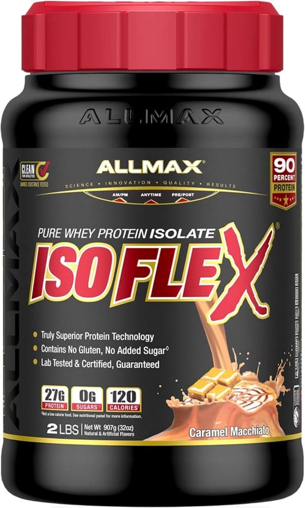 ALLMAX Nutrition ISOFLEX Whey Protein Isolate, Caramel Macchiato - 2 LB - 27 Bedste Protein Per Scoop - Zero Fat & Sugar - 99% Lactose Free - Gluten Free & Soy Free - Ca. 30 Serveringer
