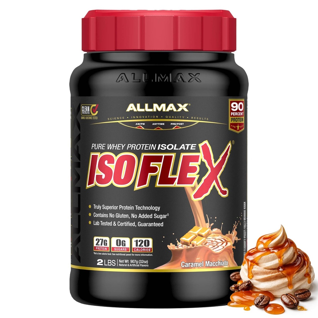 ALLMAX Nutrition ISOFLEX Whey Protein Isolate, Caramel Macchiato - 2 LB - 27 Bedste Protein Per Scoop - Zero Fat & Sugar - 99% Lactose Free - Gluten Free & Soy Free - Ca. 30 Serveringer