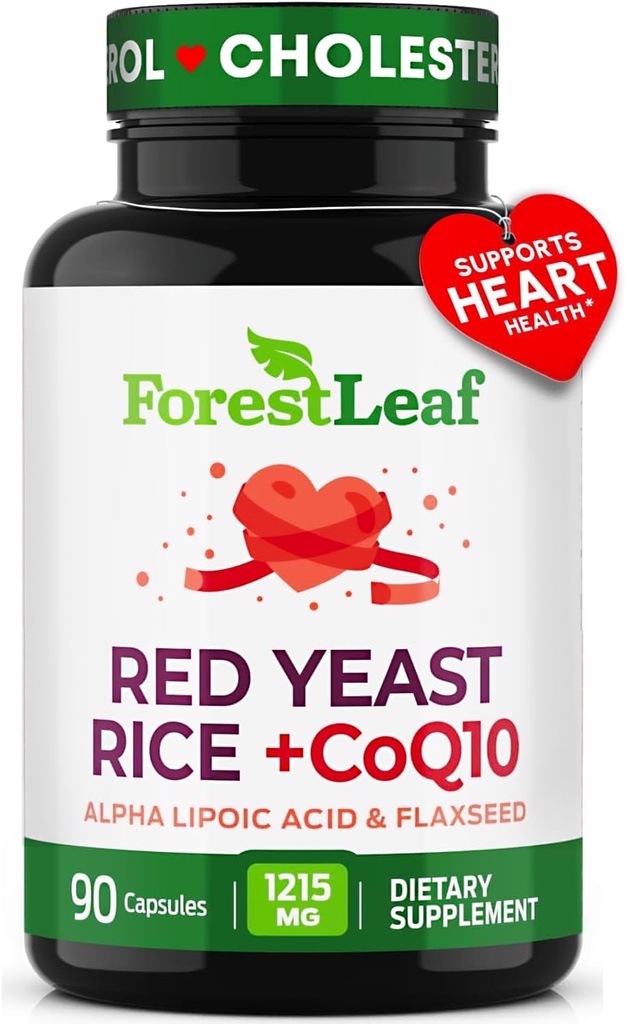Rød Gær Rice 1215 mg. Kapsler - Ekstra Styrke Rød Rice Gær med CoQ10 Supplement, Plus Alpha Lipoic Acid & Organic Flaxseed, Citrinfri, Understøtter Kardiovaskulær Sundhed, Non- GMO 90 Veggie Caps