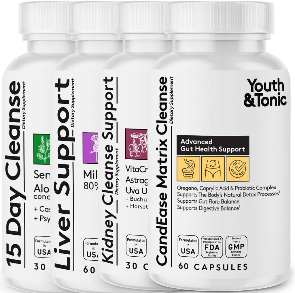 Youth & Tonic 4X Body Detox og rengøring for kvinder & mænd med leverstøtte, Nyre og Colon Cleanse og CandEase Matrix. 180 piller