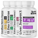 Youth & Tonic 4X Body Detox og rengøring for kvinder & mænd med leverstøtte, Nyre og Colon Cleanse og CandEase Matrix. 180 piller