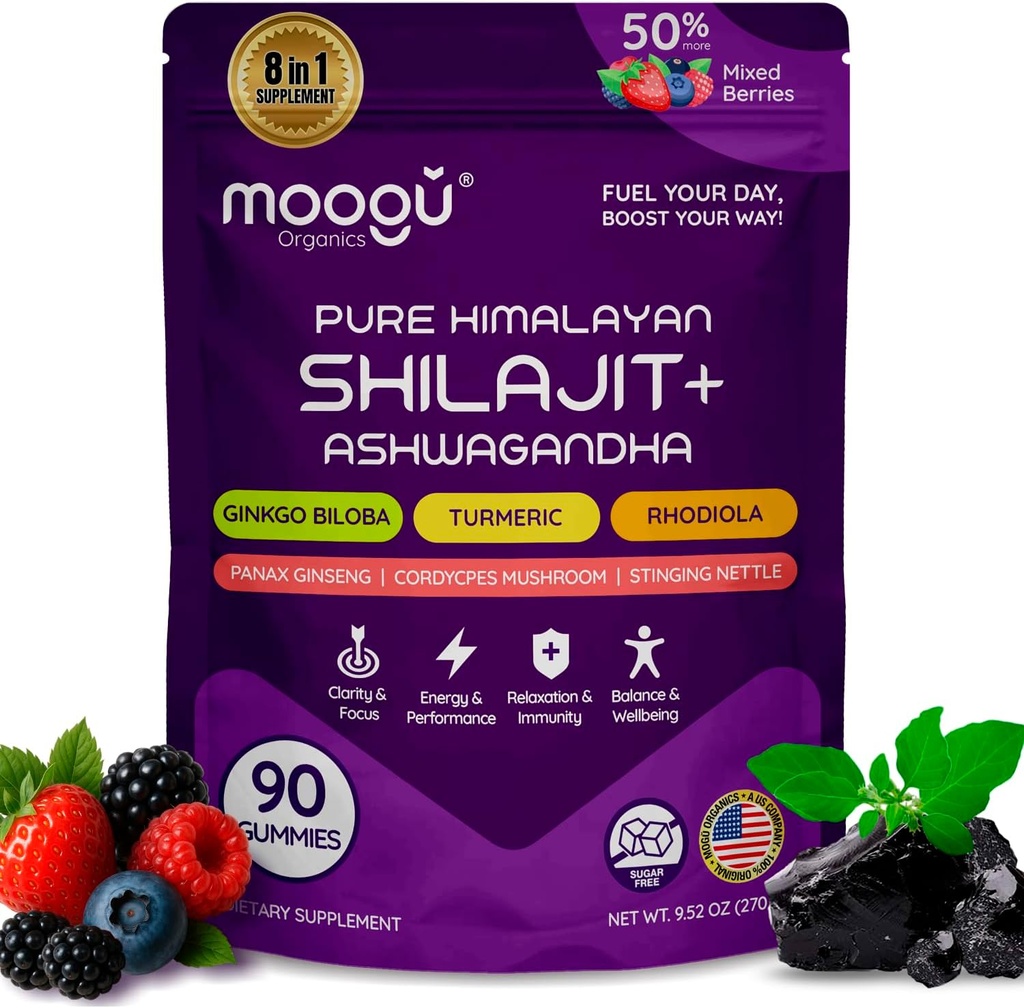 18. 000 mg Pure Himalayan Shilajit (90 Gummies) Ashwagandha, 75% Fulvic Acid & 85 + Trace Minerals I Mænd, Kvinder I Panax Ginseng, Rhodiola, Turmerisk, Gingko Biloba, Cordyceps, Stinging Nettle.