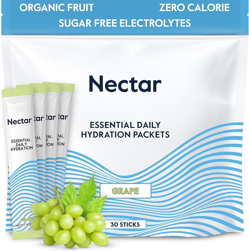 Nectar Hydration Pakker - Elektrolyter Powder Pakker - Sukker Free & 0 Calorie - Økologisk frugtvæske Dagligt IV Elektrolyter Pulver til Dehydrering Relief & Rapid Rehydrering (Grape 30 Pack)