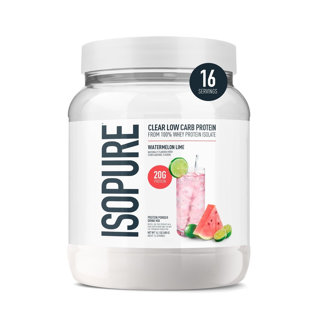 Isopure Clear Whey Isolate Protein Powder, Lactose Free, Gluten Free, Naturlig Flavored, Watermelon Lime, 20g Protein Per Servering, 14.1 Oz, 16 Servere (Packaging May Vary)