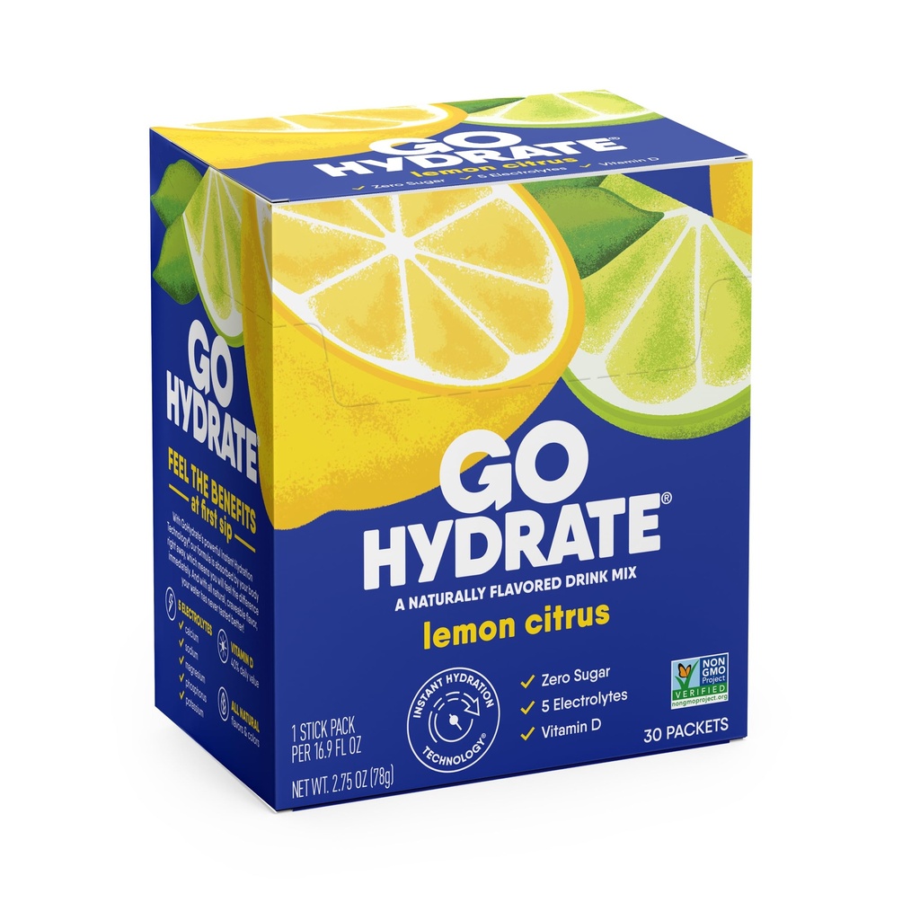 GoHydrate Instant Hydration Powder Pakninger - Lavt natriumelektrolytter drikke mix - Natural Hydration Support, Sugar Free Electrolyte Flavored Powder Drikke med D-vitamin, 30 Pakker, Citron Citrus