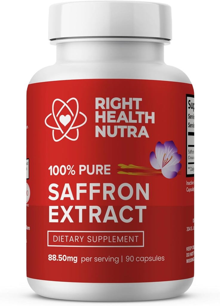 Right Health Nutra Saffron Kosttilskud - 100% Pure Saffron Extract - Made in the USA - Understøtter Mood Mead124; Focus Mead124; Forgasning Mead124; Eye Health for mænd og kvinder - 90 Kapsler