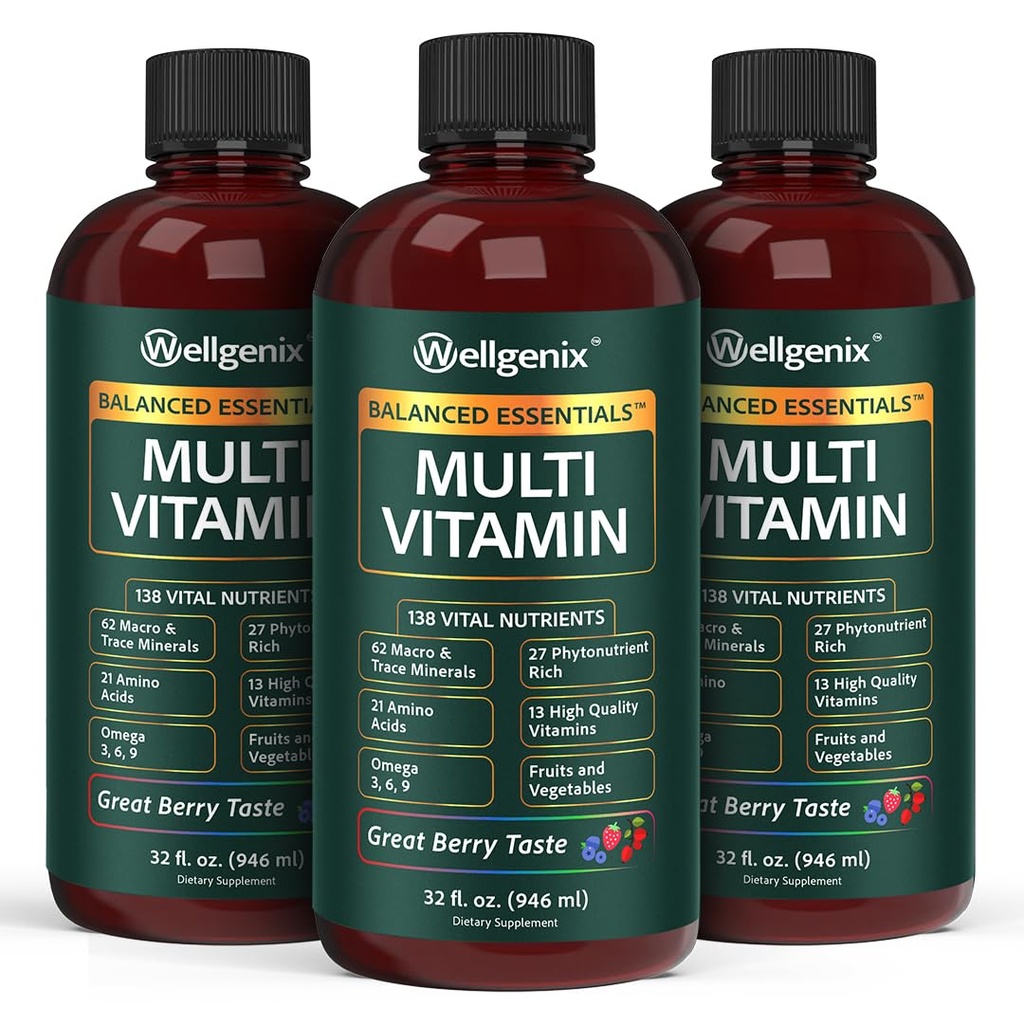 Wellgenix Balanced Essentials Liquid Multivitamin Dietary Supplement with Vitamins and Minerals – Berry Flavor – 32 fl oz (Pack of 3)