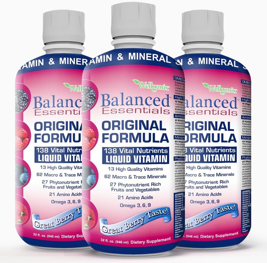 Wellgenix Balanced Essentials Plus New Formel - Flydende Vitamin - Komplet multivitamin supplement - 1oz Dagligt - Immunosting & Samlet sundhed - Voksne, Børn, Tandlæger - Berry Flavor 32oz (3)