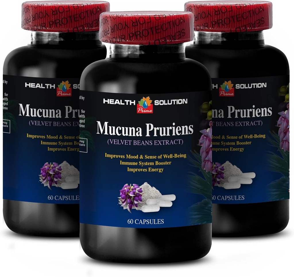 energi og fokus supplement - MUCUNA PRURIENS VELVET BEAN EXSTRET 350 MG - stemningsforstærker, fløjlsbønneekstrakt, antioxidant kosttilskud, hjerne booster supplement til hukommelse, 3 flasker 180 Kapsler