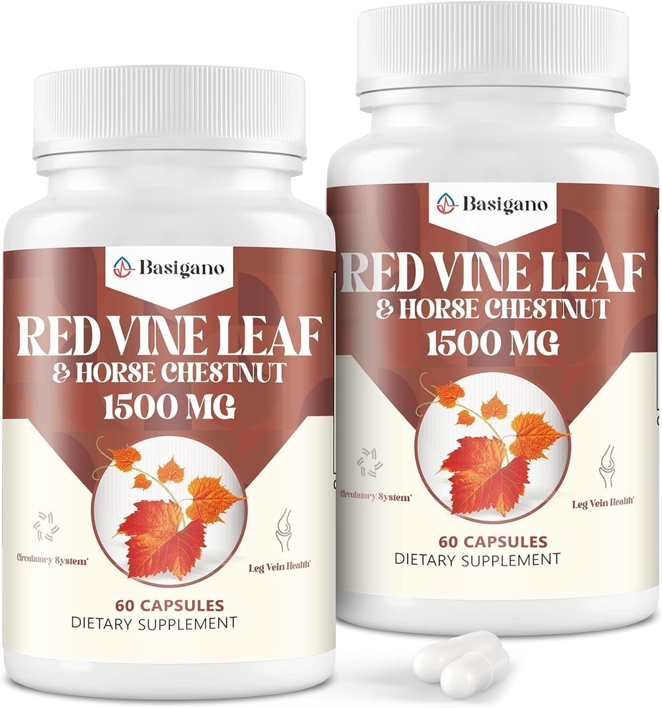 Red Vin Leaf & Horse Chestnut Extract Kapseltilskud (Vitis Vinifera) 1500mg -Premium Extract for Sund Veins, Circulation, Heart, Skin (2 Pack)