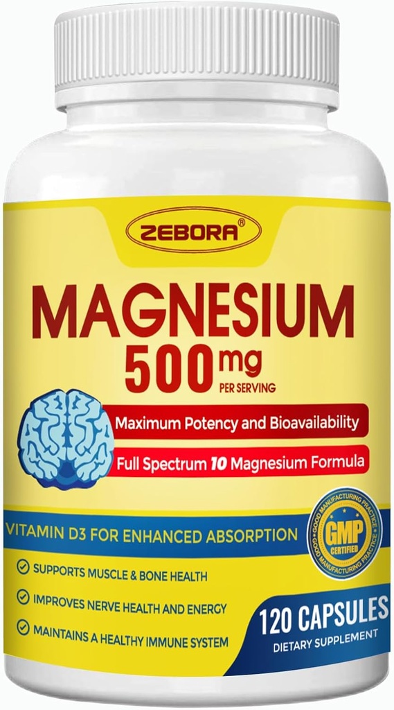 Magnesiumkompleks supplement, 500 mg Magnesiumglycinat med citrat & malat, chelated form for høj absorption med zink & vitamin D3 til nerve, muskel & ben Support, 115 kapsler