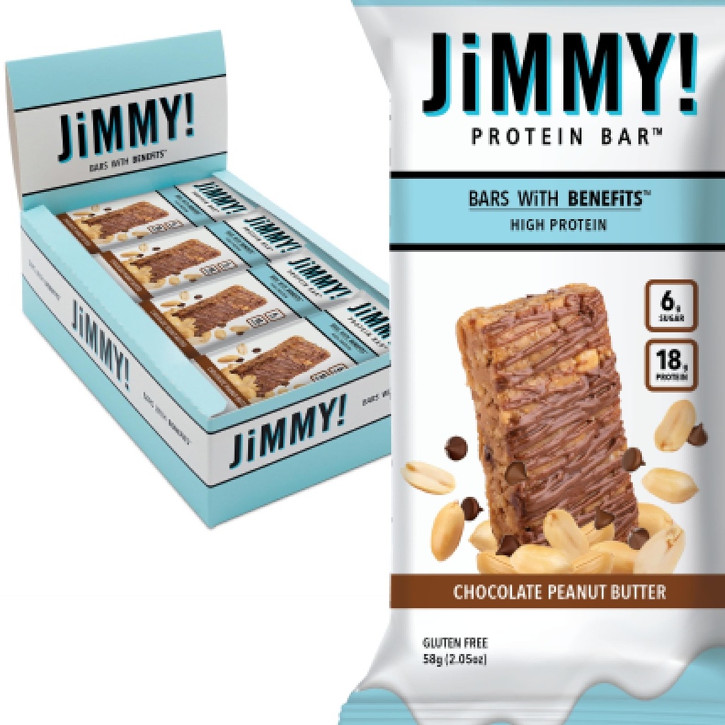 JiMMYBAR! Chokolade Peanut Butter Protein Bars 18g Protein Bar, 6g Lavsukker - 12 Greve - 58g Health Bars - Funktionel Snack med Real Peanuts & Hand- Drizzled Chokolade