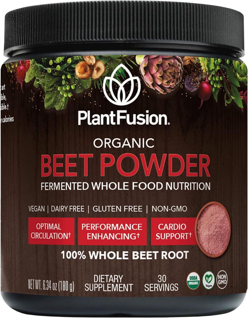 Plantfusion Organic Beet Root Powder - Superfood Beet supplement til støtte blodgennemstrømning & cirkulation - Gæret hel ernæring - non-GMO, Vegan, Gluten- Free, 6.34 oz 30 Servering
