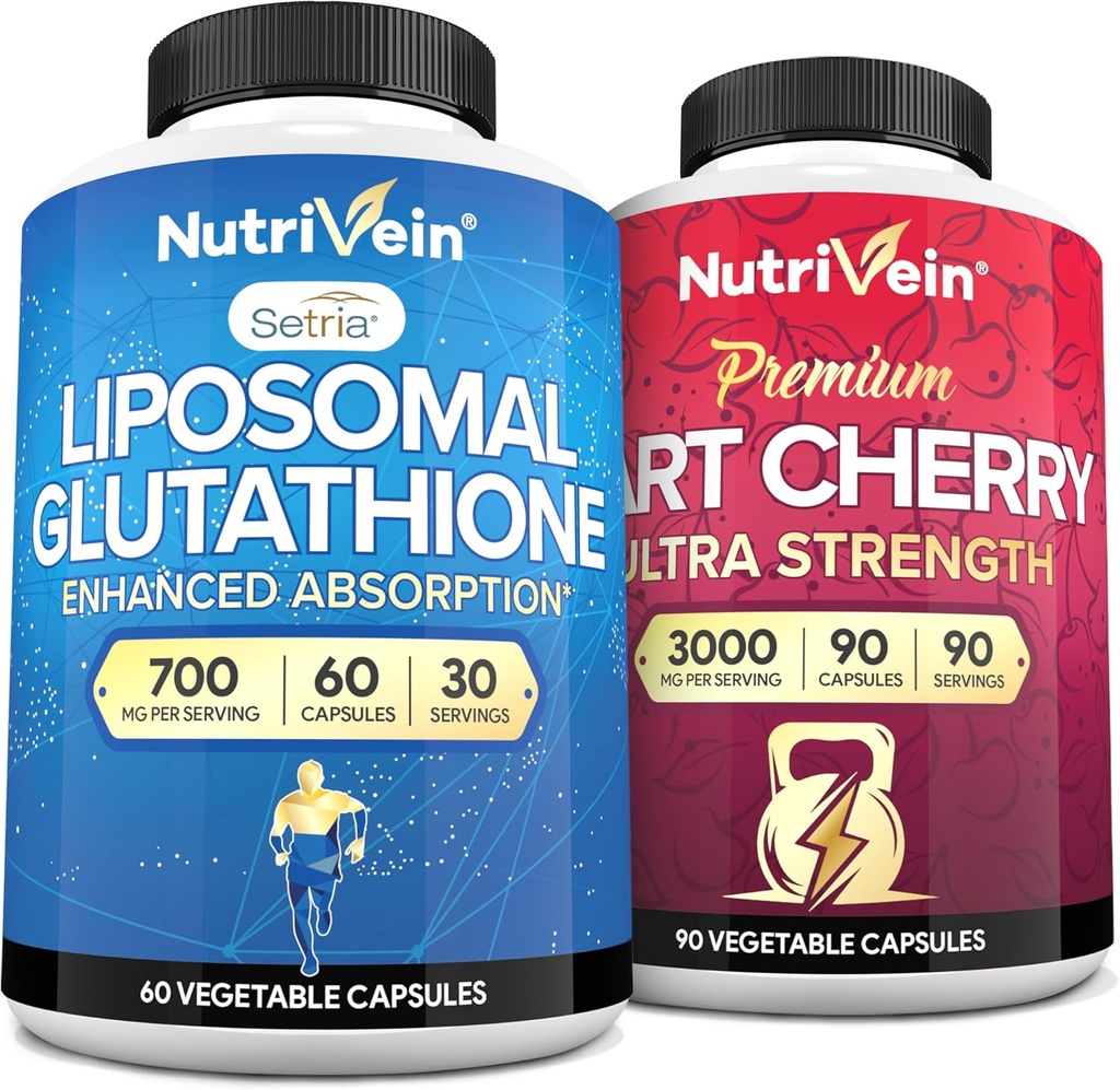 Nutrivein Premium Liposomal Glutathione Supplement & Tart Cherry Capsules Bundle: High- Absorption Glutathione Liposomal Supplement & Tart Cherry Extract Kapsler for Detox, Recovery, & Defenses