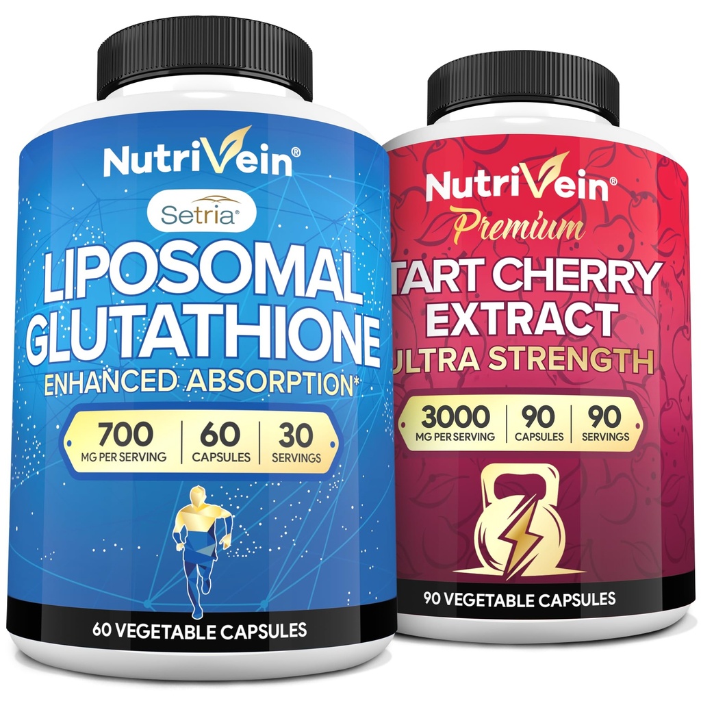 Nutrivein Premium Liposomal Glutathione Supplement & Tart Cherry Capsules Bundle: High- Absorption Glutathione Liposomal Supplement & Tart Cherry Extract Kapsler for Detox, Recovery, & Defenses