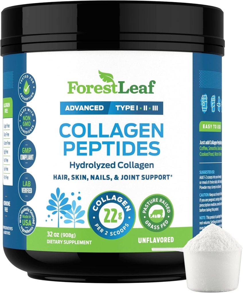 Collagen Peptider Pulver Unflavored - Hydrolyzed Collagen Protein Powder Type 1, 2 & 3 - Græs Fed Keto Collagen Pulver til kvinder & mænd - Vital hår, hud, negle, Joints, Inddrivelse, 11g Per Servering