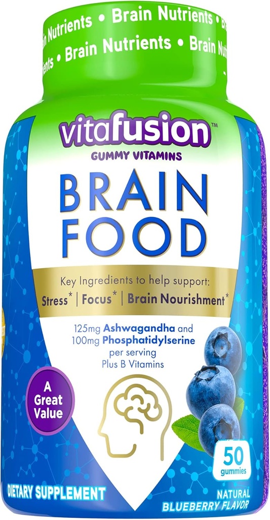 Viafusion Brain Food Gummy Supplement: 125mg Ashwagandha, 100mg Phosphatidylserin per servering, B Vitamin, 50ct (25 dages forsyning), Blueberry Flavor fra Amerikas Nummer Et Gummy Vitamin Brand
