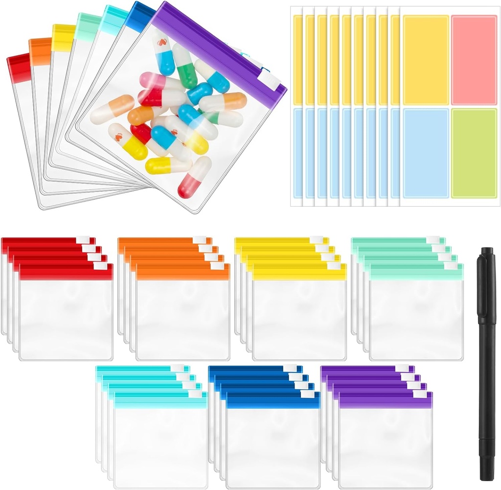 39 Pcs Pill Pouchs Zipplered Pill Tasker til Rejser Genbruges med 28Pcs Lille Pill Organizer Pouches og 10Pcs Sticker til Medicin Organizer Tasker