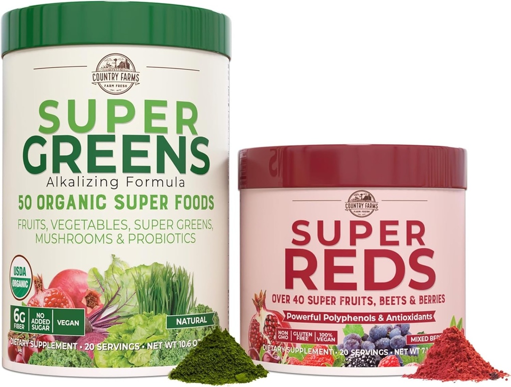 LAND FARMS Essential Pack, Super Green Powder og Super Red, pakket med 50 Økologiske Super fødevarer og 40 Super Frugter, Naturlig energi, Bloating Support, Unflavored & Berry Flavor, 17.7 oz, 2 Pack
