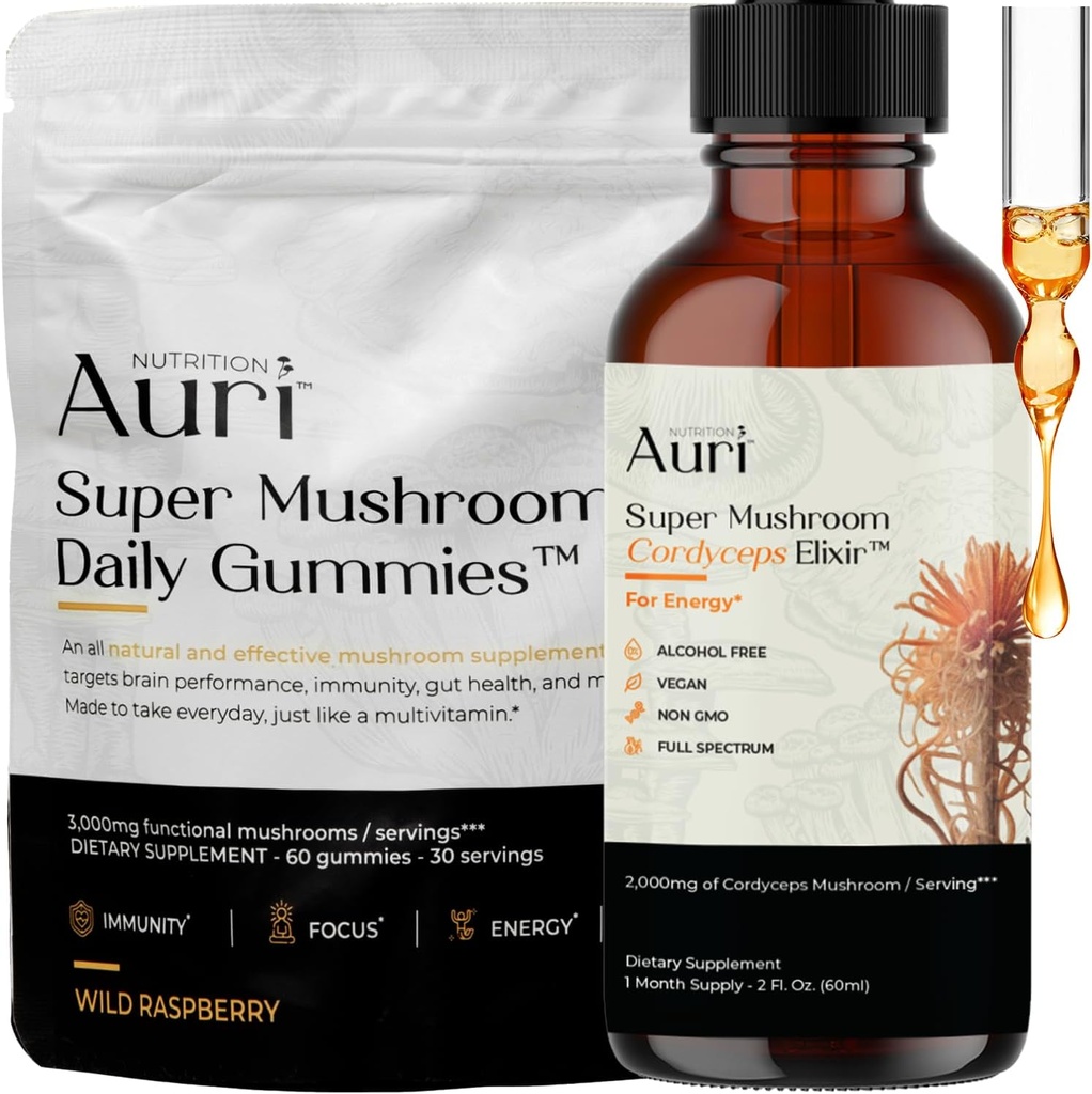 Auri Energy & immunboost Pack Super Mushroom Daily Gummies Cordyceps Elixir Bundle - Daily Wellness for Focus, Stamina, og Longevity - 60 Gummies + 60ml Tincture