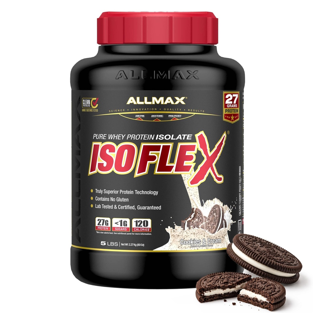 ALLMAX Nutrition - ISOFLEX Whey Protein Powder, Whey Protein Isolate, 27g Protein, Cookies & Cream, 5 Pund
