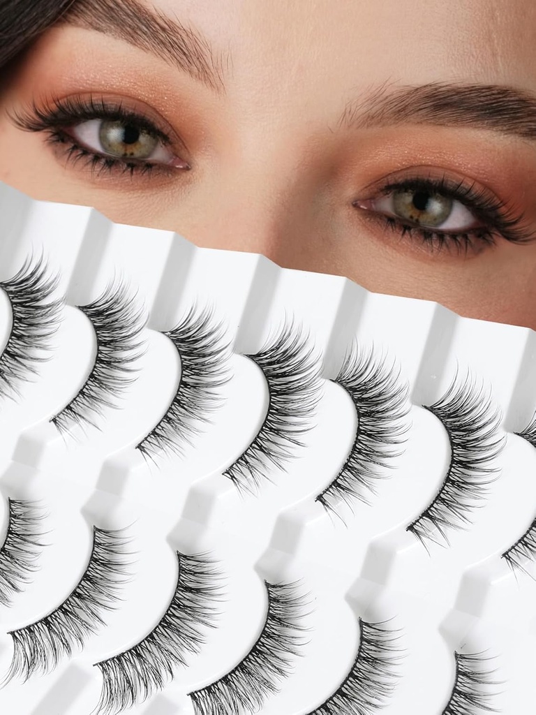 Natural Cat Eyelases Falsk Lass Wispy 14mm Falsk Eyelases Natural Look 0.1MM Tynde Band Strip Lass Pack C Curl Fake Eyelases Wispy Cat Eye Lass 3D Volume Siligli Lass 7 Par