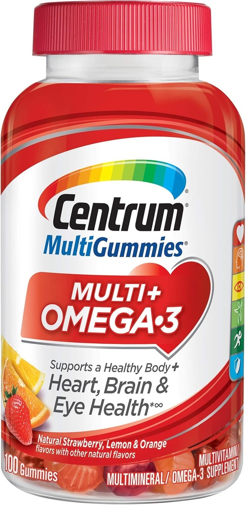 Centrum MultiGummies Omega 3 Gummy Multivitamin til voksne, Multivitamin / Multimineral Supplement, Jordbær / Lemon / Orange Flavors - 100 Greve