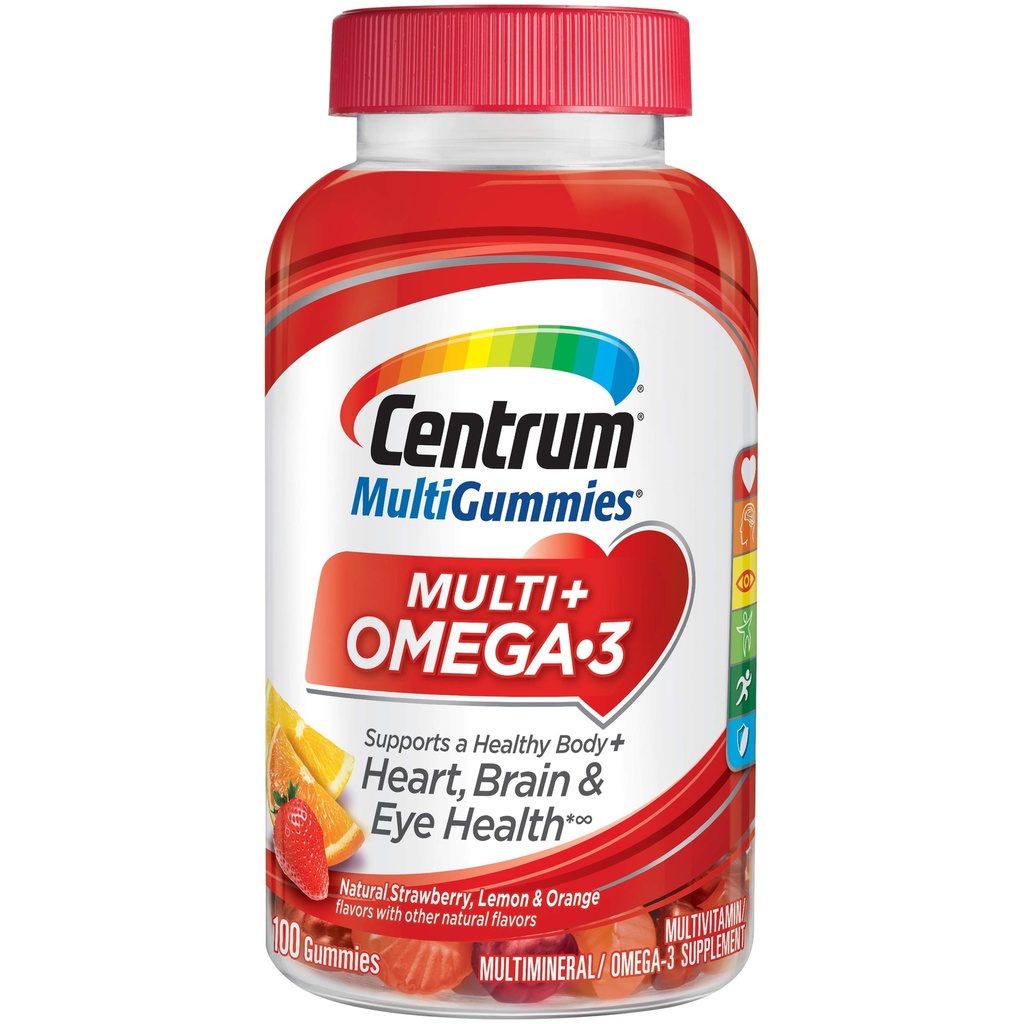 Centrum MultiGummies Omega 3 Gummy Multivitamin til voksne, Multivitamin / Multimineral Supplement, Jordbær / Lemon / Orange Flavors - 100 Greve