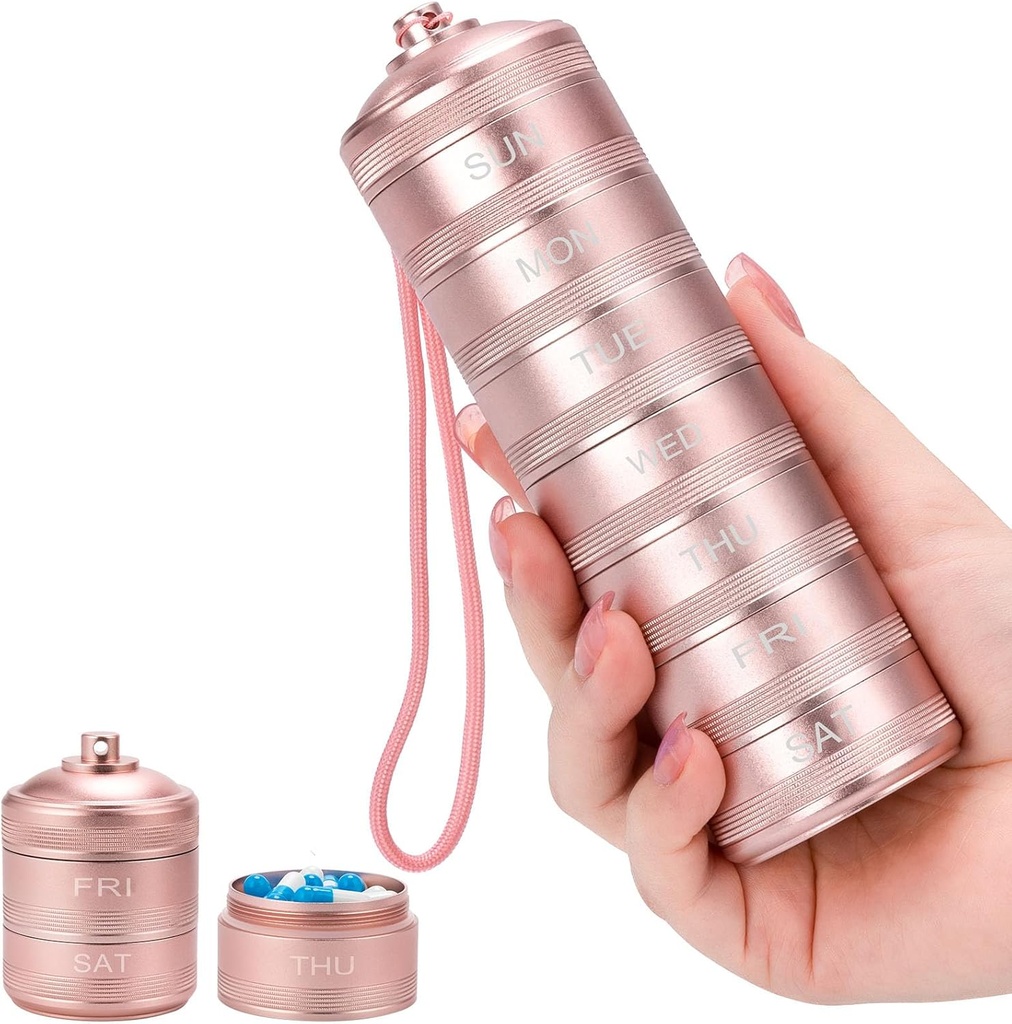 Metal Pill Organizer 7 Dag - Vandtæt Weekly Travel Pill Box Daily Pill Case med 7 afdelinger, Pill Container til Vitamin Medicin Kosttilskud Fish Oil, Pink