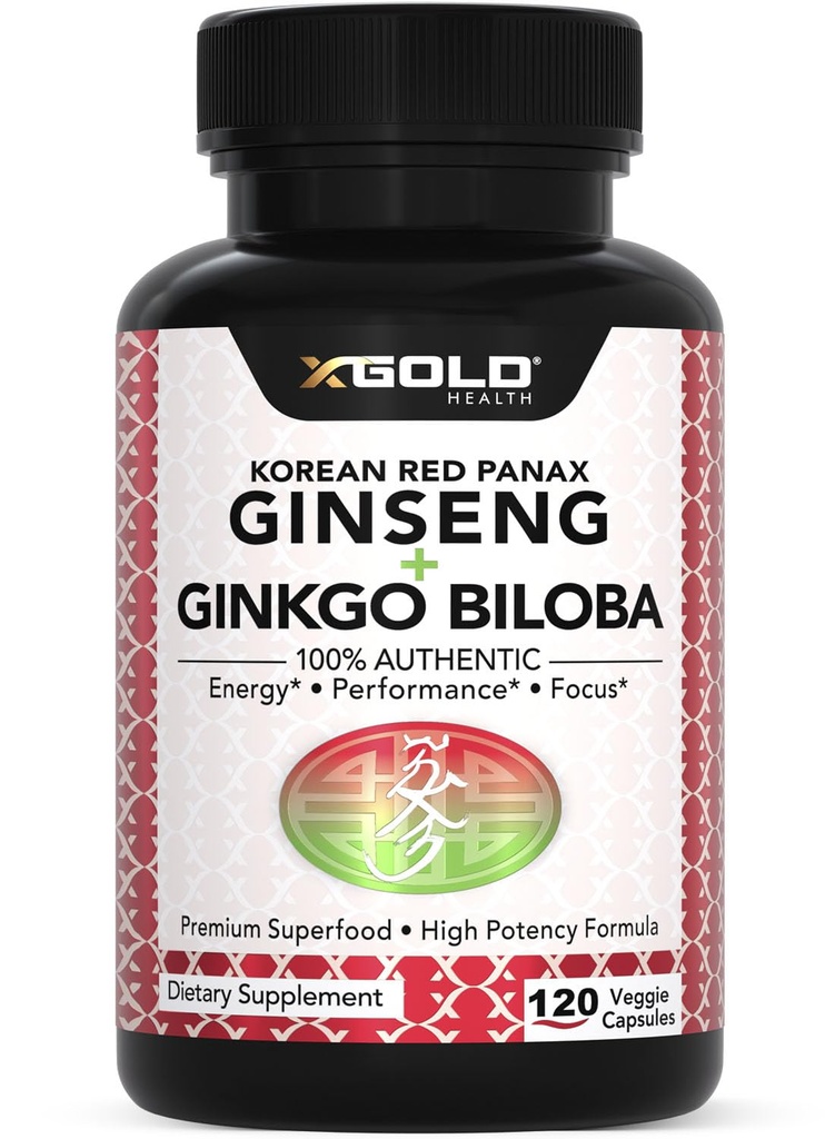 Autentisk koreansk rød Panax Ginseng 1200mg + Ginkgo Biloba 160mg - High Ginsenosides Extra Strength - Energy, Memory, Focus & Brain Health - Veganske kapsler til mænd og kvinder - 120 Greve