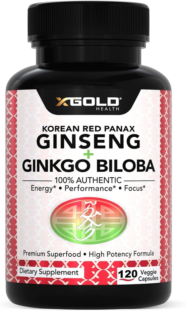 Autentisk koreansk rød Panax Ginseng 1200mg + Ginkgo Biloba 160mg - High Ginsenosides Extra Strength - Energy, Memory, Focus & Brain Health - Veganske kapsler til mænd og kvinder - 120 Greve