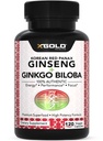 Autentisk koreansk rød Panax Ginseng 1200mg + Ginkgo Biloba 160mg - High Ginsenosides Extra Strength - Energy, Memory, Focus & Brain Health - Veganske kapsler til mænd og kvinder - 120 Greve