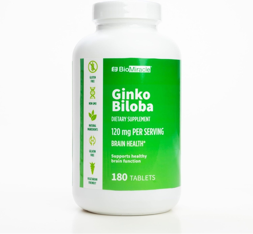 BioMiracle Ginkgo Biloba Kosttilskud 120 mg per servering, hjerne sundhed, understøtter sund hjerne funktion 180 kapsler