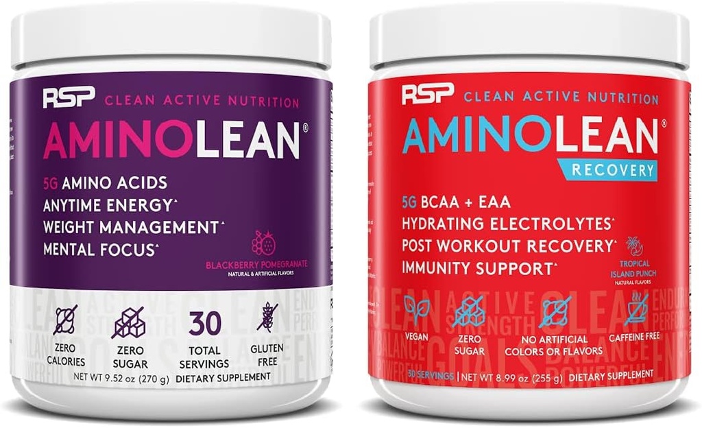 RSP NUTRITION AminoLean Pre Workout Energy (BlackBerry Pomegranate 30 Servering) med AminoLean Inddrivelse Post Workout Boost (Tropical Island Punch 30 Servering)