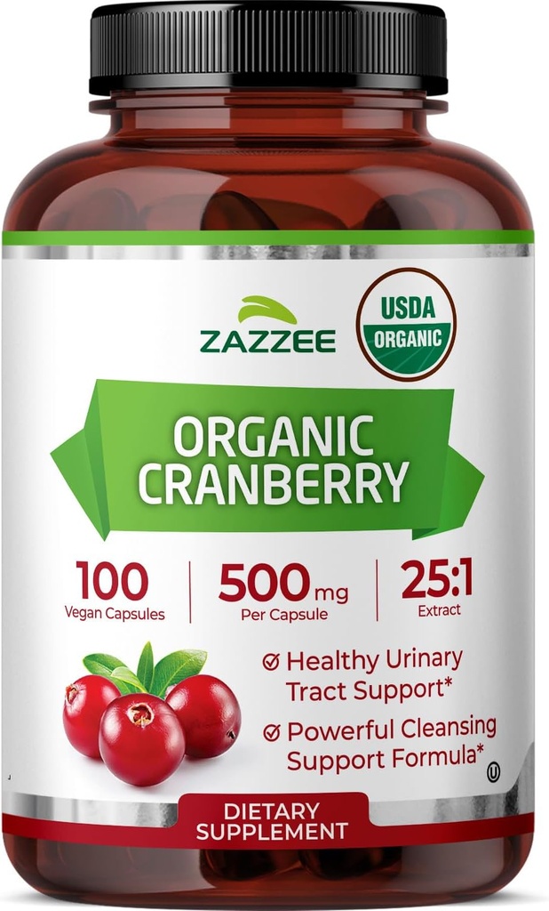Zazzee USDA Organic Cranberry 25: 1 Extract, 500 mg per kapsel, 100 Veganske kapsler, Over 3 Måned Supply, Standardiseret, Koncentreret 25X Extract, 100% Vegetarisk, Certificeret Organisk, Non- GMO All- Natural