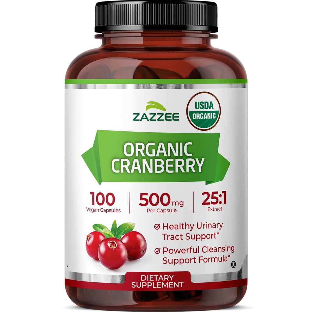 Zazzee USDA Organic Cranberry 25: 1 Extract, 500 mg per kapsel, 100 Veganske kapsler, Over 3 Måned Supply, Standardiseret, Koncentreret 25X Extract, 100% Vegetarisk, Certificeret Organisk, Non- GMO All- Natural