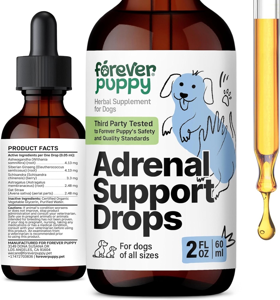 Forever Puppy Adrenal Support Drops for Hunde - Pure Ashwagandha & Ginseng Root Tinktur for Adrenal Health & Energy Support - Calming Care Liquid Supplement for Hunde af alle racer & størrelser - 2 oz