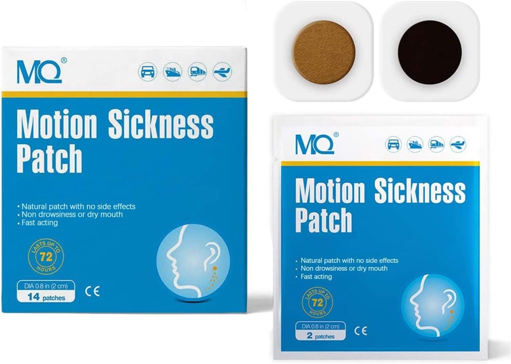 MQ 42ct Bevægelse Sygdom Patches Non Drowsy, Sea Sygdom Patches for Cruise Travel Essentials, Vandtæt Patch Bag Øre for Bilfly Højde Sygdom, Lang Sidste 72H