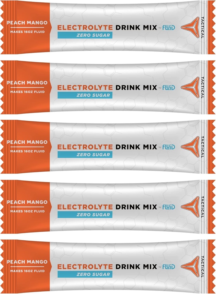 Fluid Tactical - Zero Sugar, Keto Electrolyte Powder, Hydration Packets, Made in USA (Peach Mango, 25 Count)