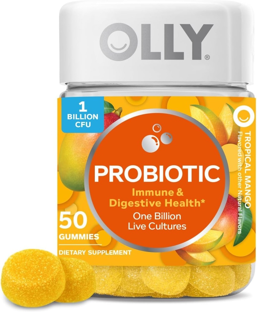 OLLY Probiotisk Gummy, Immun og fordøjelsesstøtte, 1 Millioner CFU 'er, Chewable Probiotic Supplement, Mango, 25 dages forsyning - 50 Tæl