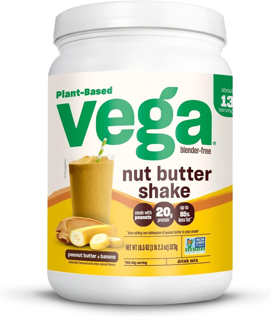 Vega Nut Butter Shake, Peanut Butter & Banana - Vegan Protein Powder, 20g Protein, Real Food Ingredients, No Added Sugar, 1,39 lbs