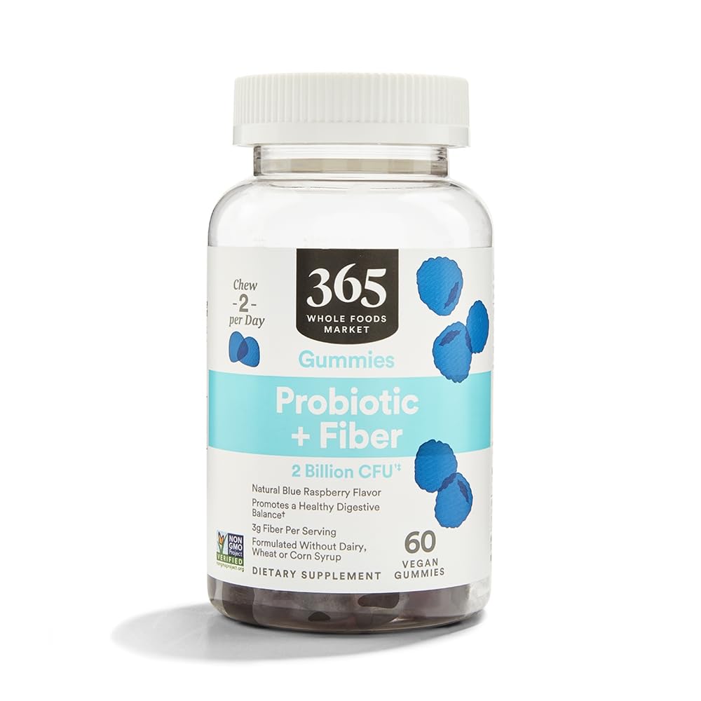365 af Whole Foods Market, Probiotic + Fiber Gummies 2 Millioner CFU, Natural Blue Raspberry Flavor, 60 ct