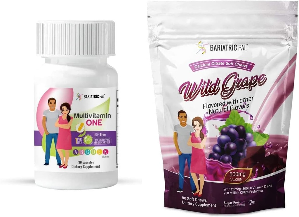 BariatricPal Duodenal switch Complete 30- Day Supply Vitamin Pack (Iron- Free Capsule Calcium Citrat Soft Chews med Probiotika - Wild Grape)