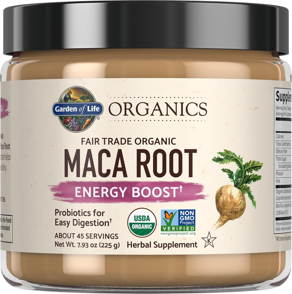 Garden of Life Organics Fair Trade Gelatinized Peruvian Maca Root Energy Boost 7.93 oz (225g) Powder with Probiotics, Certified Organic, Non-GMO, Vegan & Gluten Free Herbal Supplements