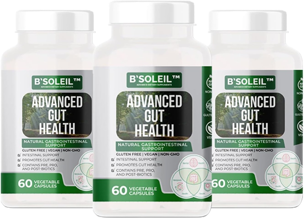 B 'Soleil ™ pakke med 3 avancerede Gut Health Probiotika - Pre, Pro & Post Biotics - Natural Gastrointestinal Support - Gluten Free, Vegan & Non- GMO - 25 milliarder CFU - 60 kapsler i hver pakke