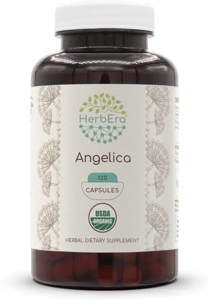 HerbEra Angelica USDA Organic 120 Capsules ttesmå 124; Natural Herbal Supplements 124; Certified Organic Vegetarian Capsules and Organic Angelica (Angelica archangelica) Tørret rod (120 Capsules)