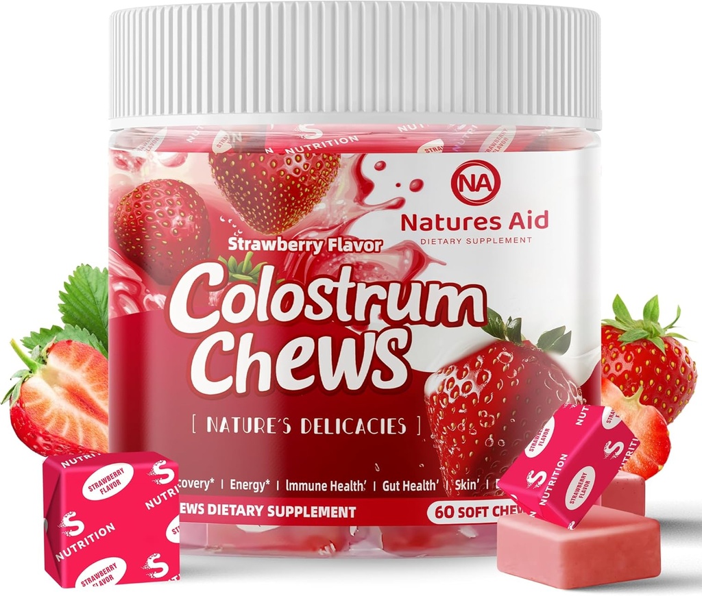 Colostrum Chews Supplement med probiotika til Gut Sundhed, Bloating, immunforsvar, hud, hårvækst og skønhed - Jordbær Flavor (60 Servere)