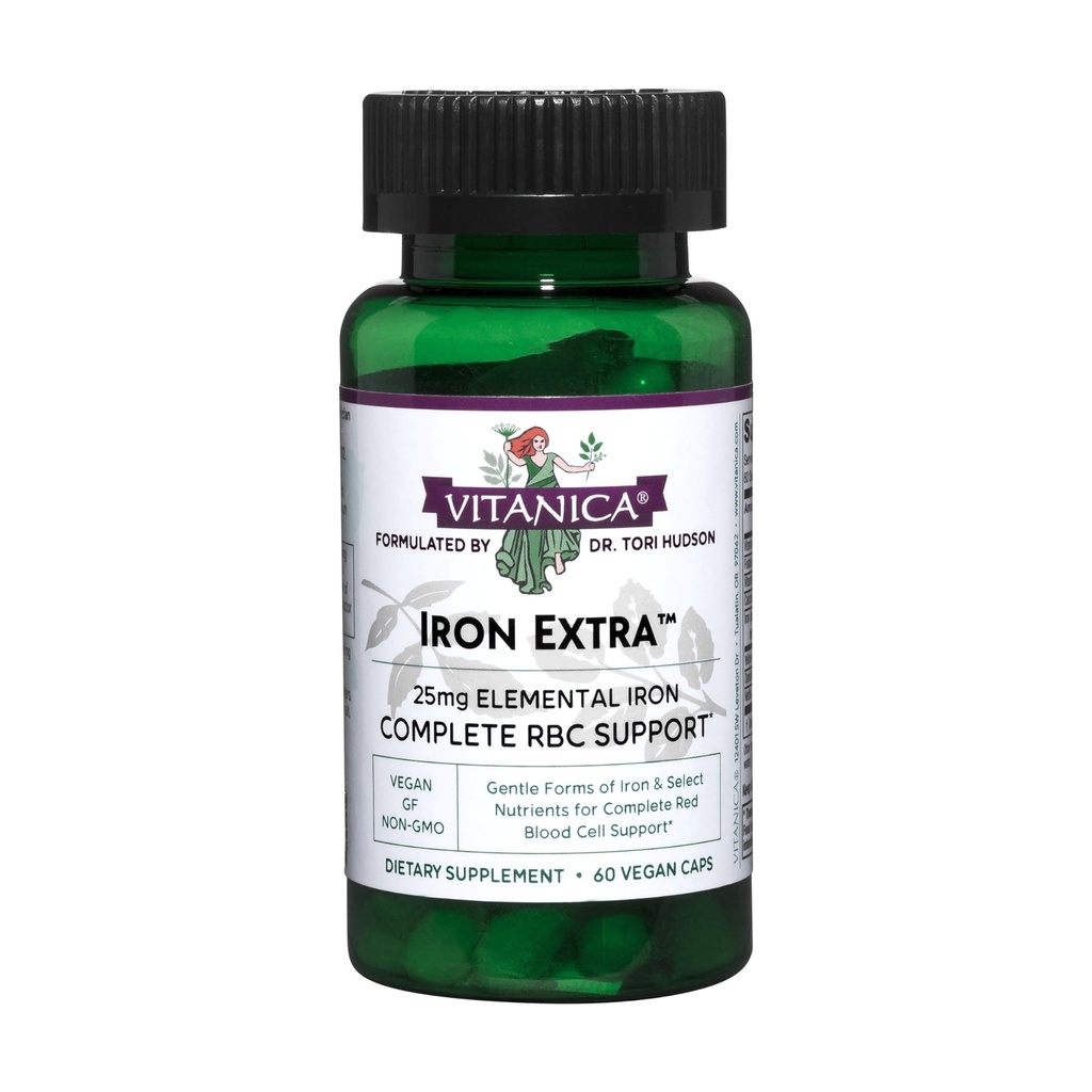 Vitanica Iron Extra, Jerntilskud Forbedret Absorption med vitamin C 500 mg, methylfolat 400mcg, B12 vitamin 500mcg, Calcium, gul Dock, Mælkebøtte Root & Nettle Leaf ekstrakt, Vegan, 60 kapsler